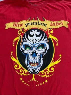 Star & Co. Premium Blac Label Graphic Skull Tee in Red with Yellow Accents
